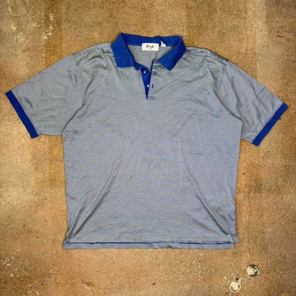 Vintage Pringle of Scotland striped‎ polo with blue contrast collar.